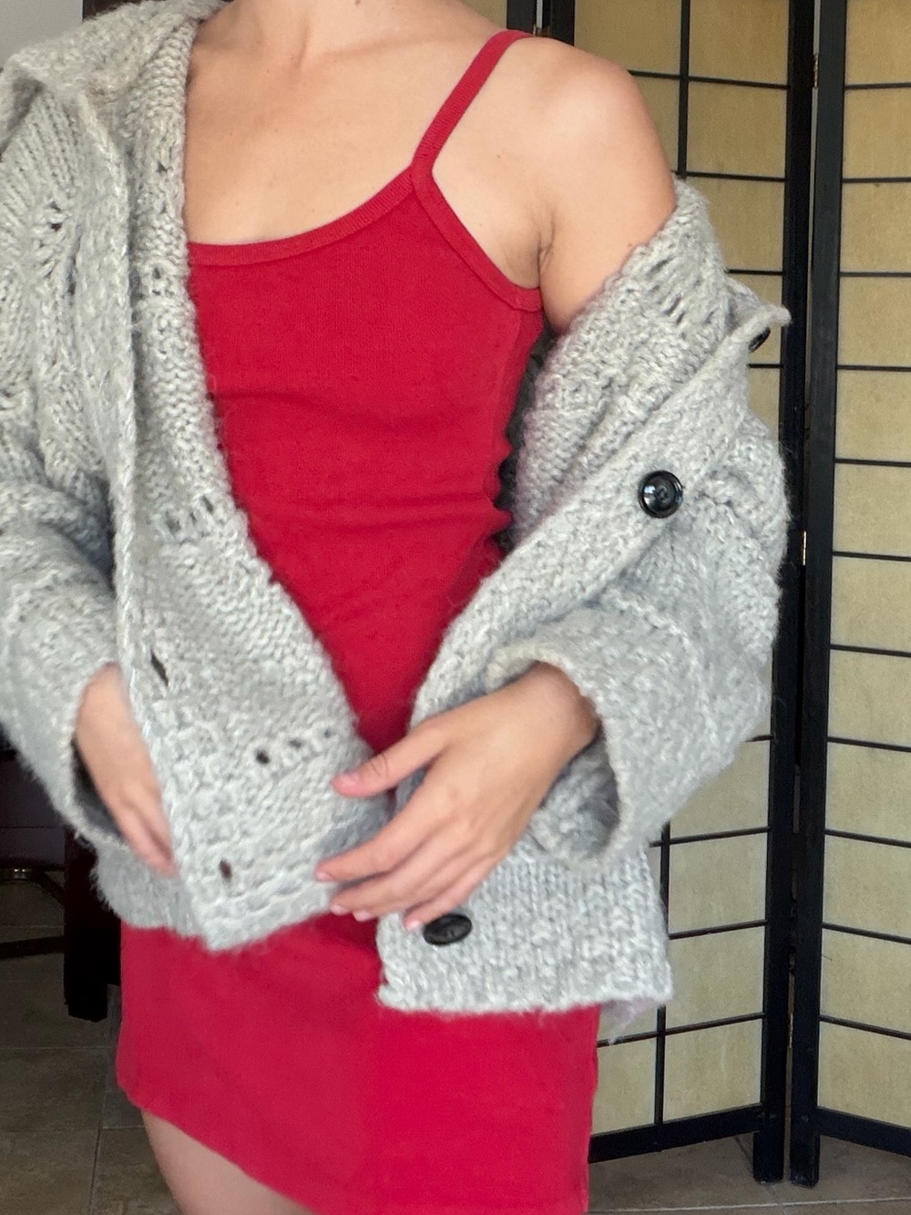Cozy Chunky Knit Button-Front Sweater Cardigan - Cream silver grey color - Picture 7 of 9